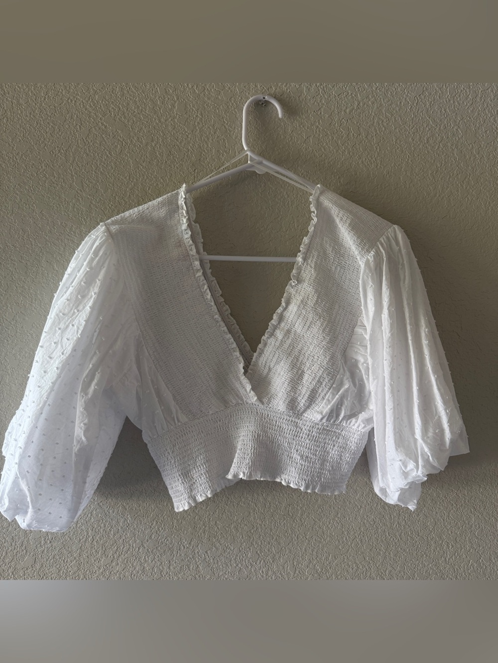 White Swiss Dot Smocked Puff Sleeve Crop Top